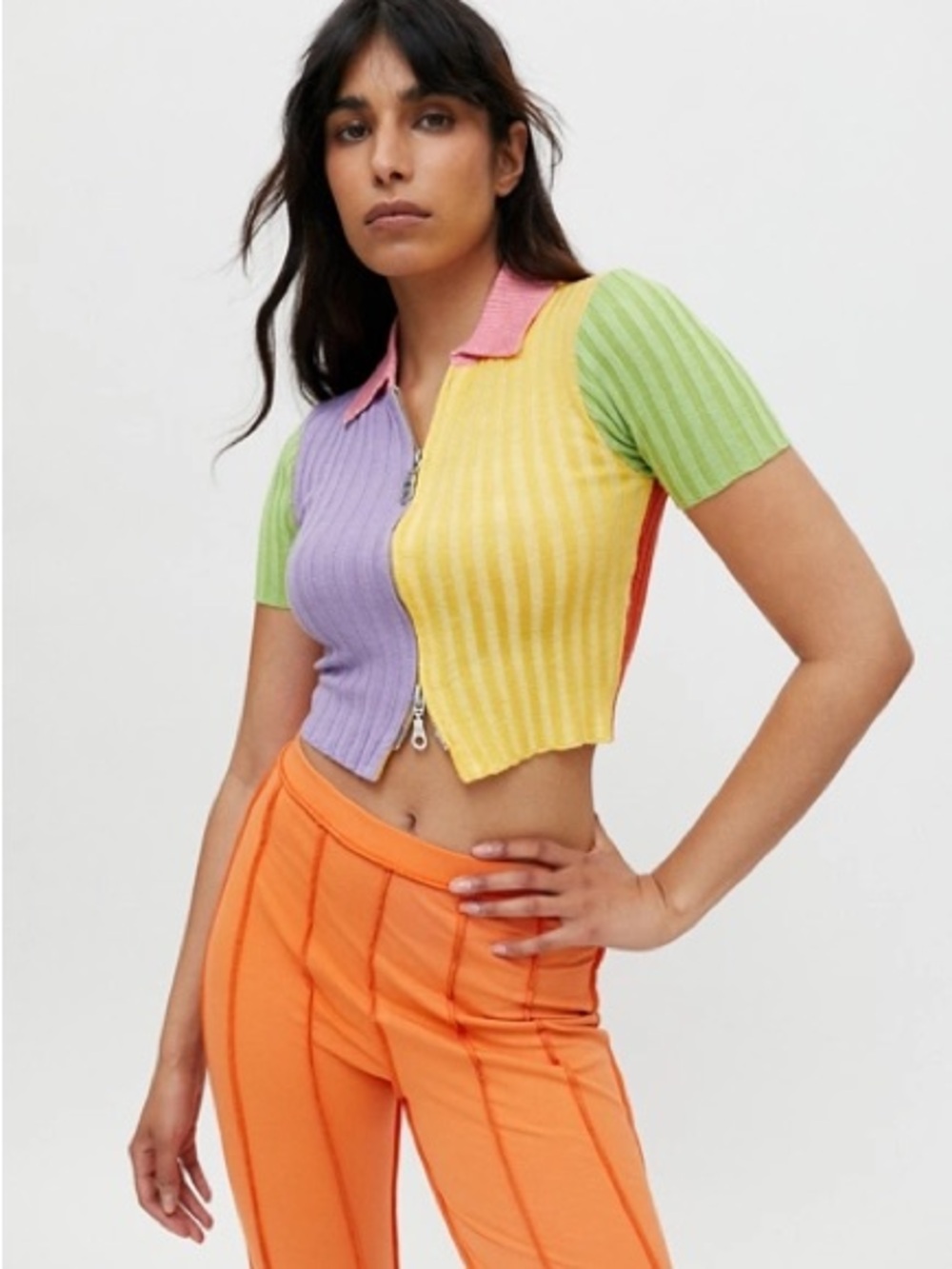 NWT Cider - Colorblock Rib-Knit Zip Polo Crop Top - Multicolor